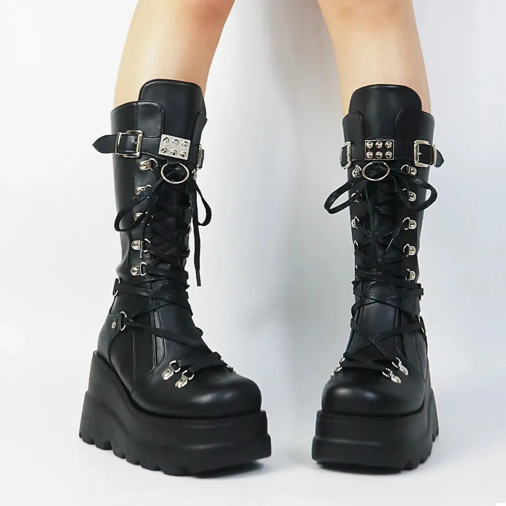 Gothic Style Platform Vampire Cosplay Women Mid-calf Boots Autumn Wedges Comfortable Woman Motorcycle Boots Shoes Plus Size