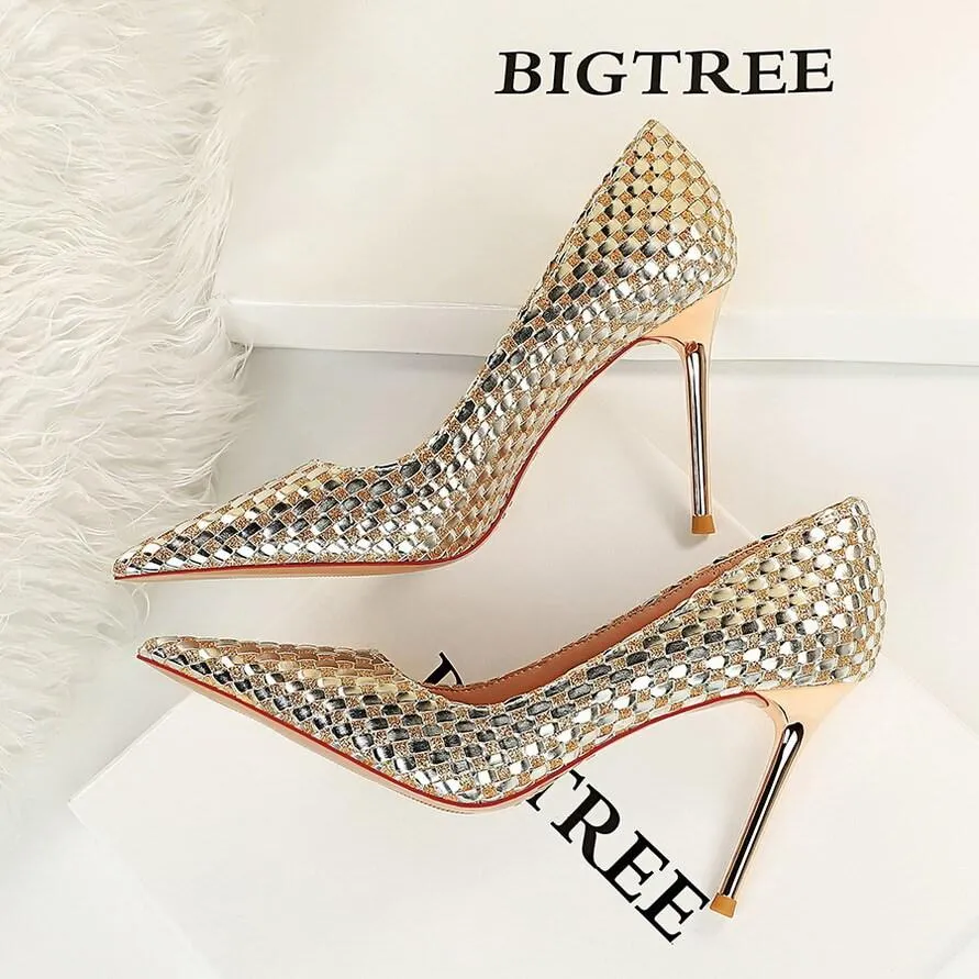 Party Sequin Point Toe Slip On Stiletto Heel Pumps