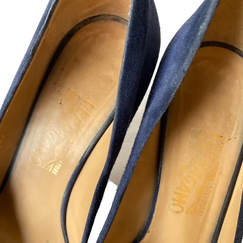 SALVATORE FERRAGAMO Navy Suede Vara Bow Peep Toe Pumps, Size 39