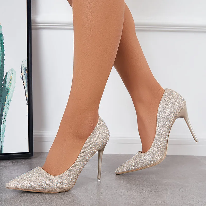 Sohiwoo  Women Rhinestone High Heel Pumps Pointed Toe Stilettos Party Shoes
