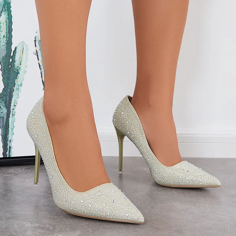 Sohiwoo  Women Rhinestone High Heel Pumps Pointed Toe Stilettos Party Shoes