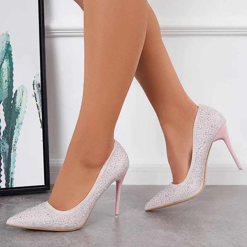 Sohiwoo  Women Rhinestone High Heel Pumps Pointed Toe Stilettos Party Shoes