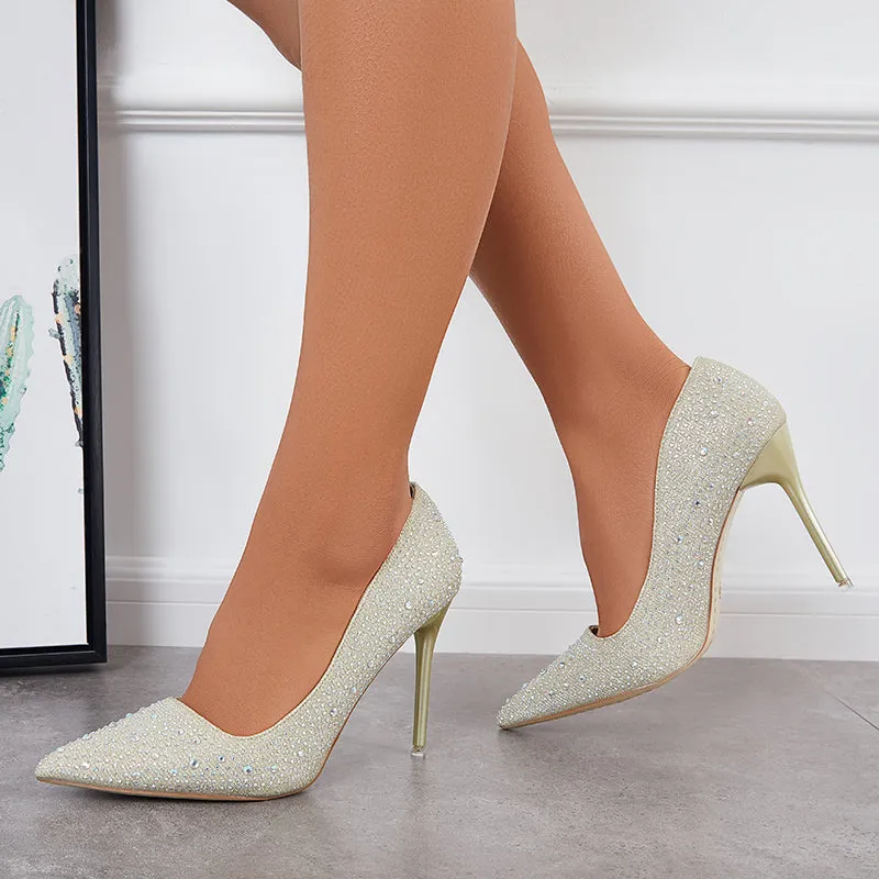 Sohiwoo  Women Rhinestone High Heel Pumps Pointed Toe Stilettos Party Shoes