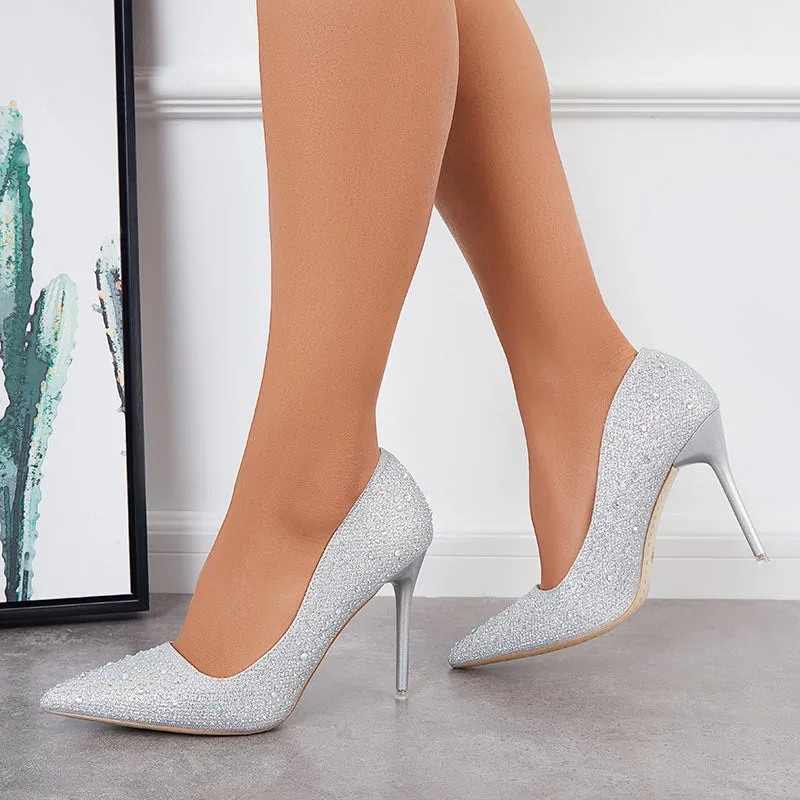 Sohiwoo  Women Rhinestone High Heel Pumps Pointed Toe Stilettos Party Shoes