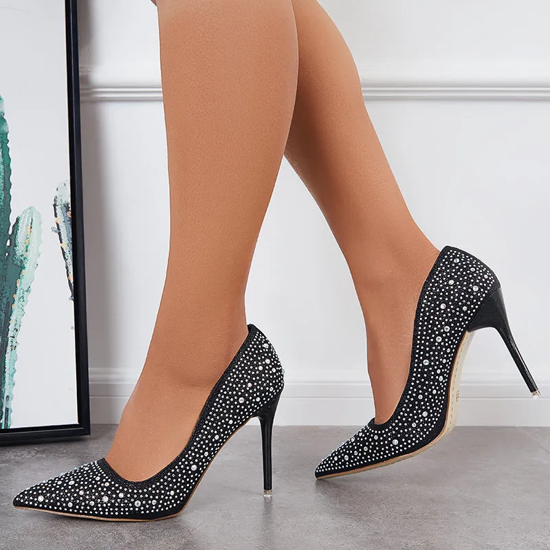 Sohiwoo  Women Rhinestone High Heel Pumps Pointed Toe Stilettos Party Shoes