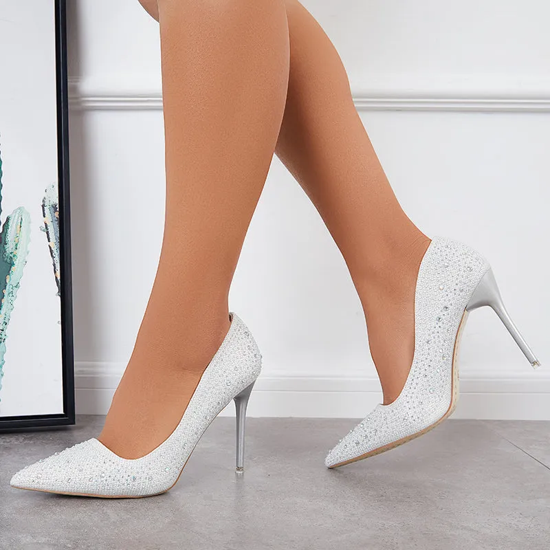 Sohiwoo  Women Rhinestone High Heel Pumps Pointed Toe Stilettos Party Shoes