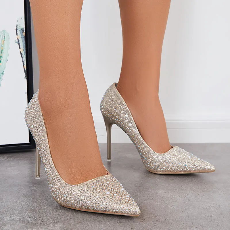 Sohiwoo  Women Rhinestone High Heel Pumps Pointed Toe Stilettos Party Shoes