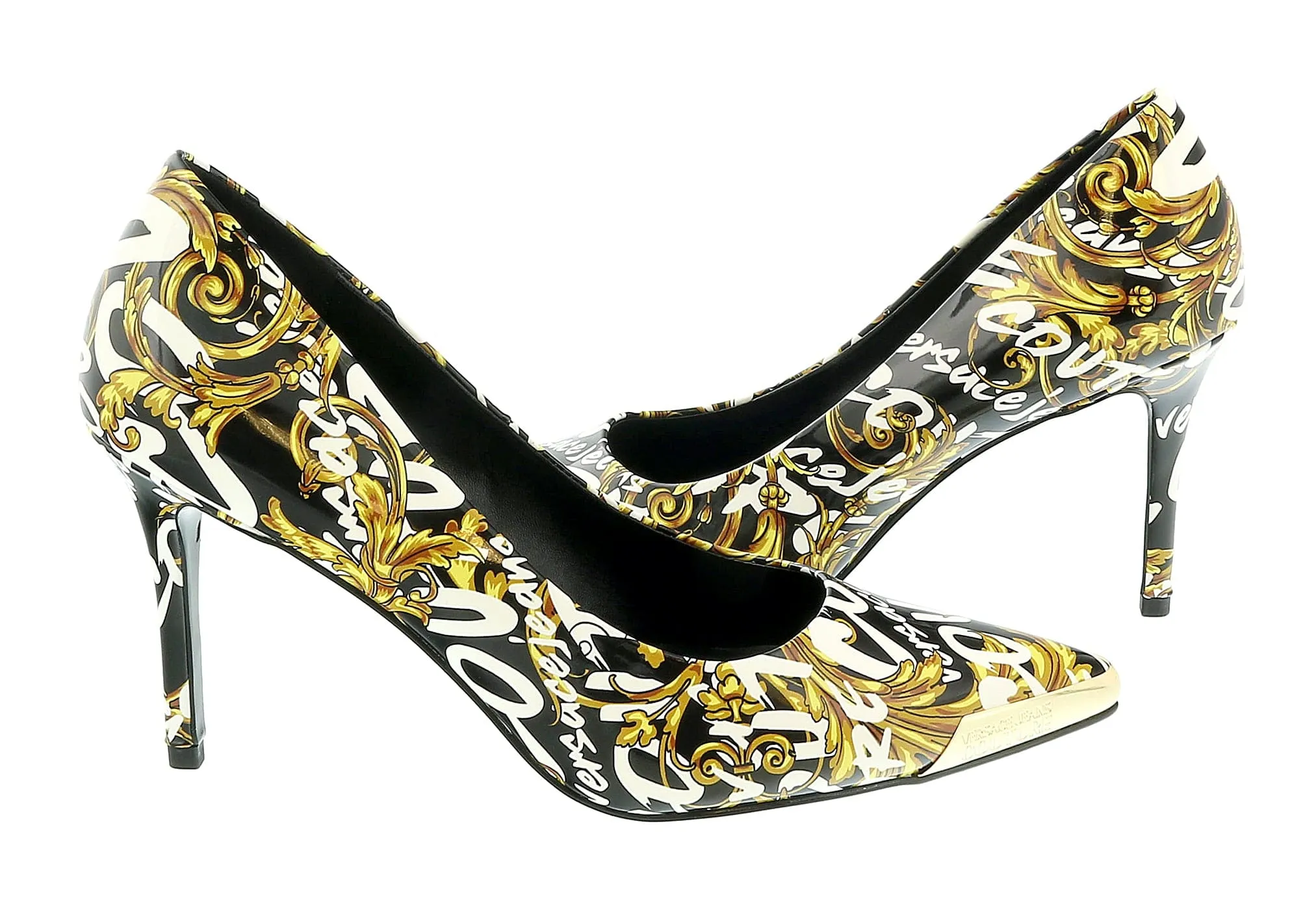 Versace Jeans Couture Black Gold Baroque Print Cap Toe Pump-