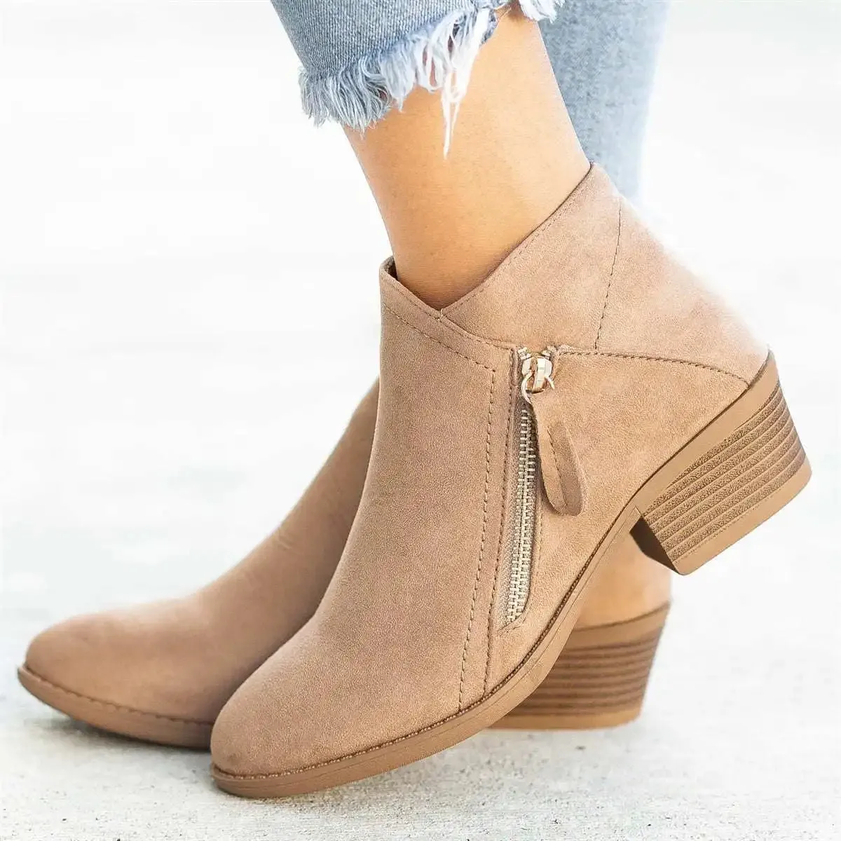 Women's Round Toe Ankle Boots - Side Zipper, Platform Heel, Large Size Leather Boots for Autumn Fashion